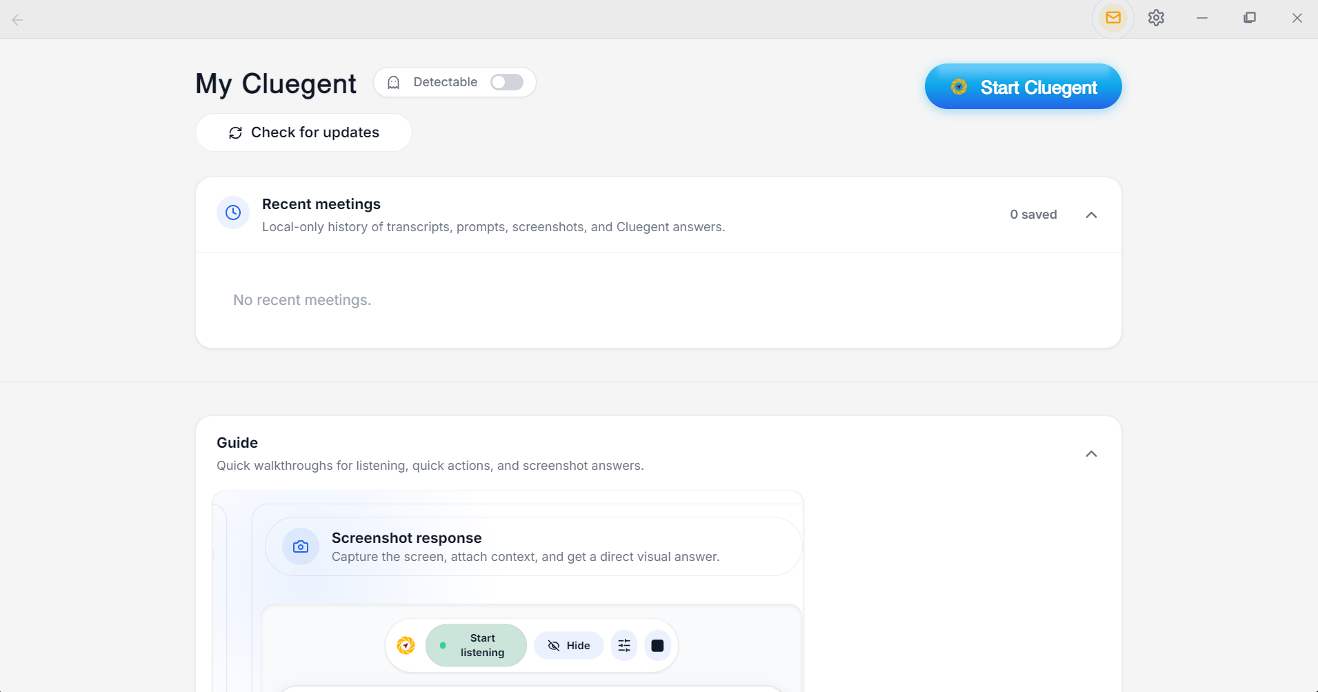 Cluegent dashboard with Detectable toggle and Start Cluegent button